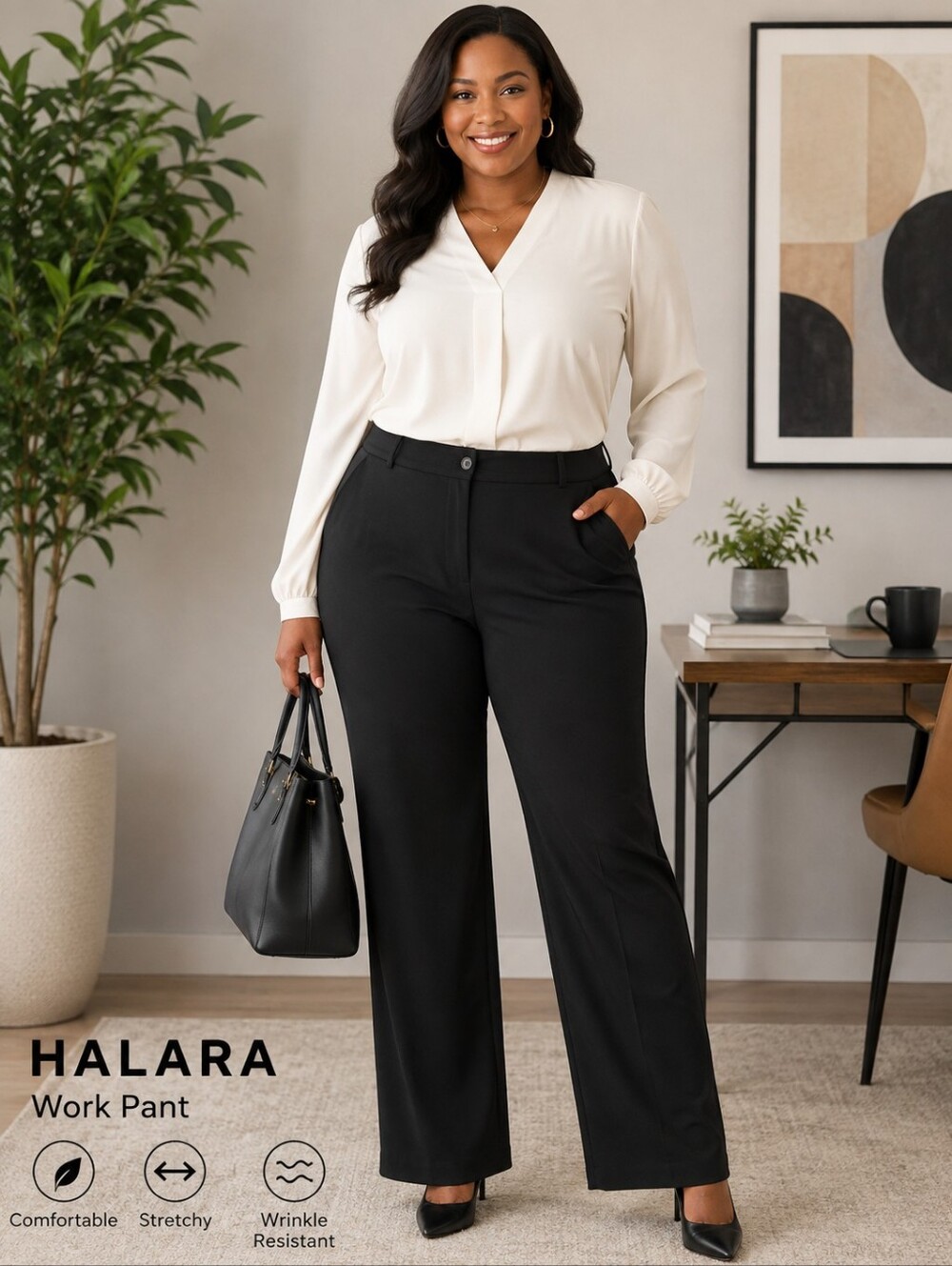 HALARA Black Waffle Knit Work Pants - XL